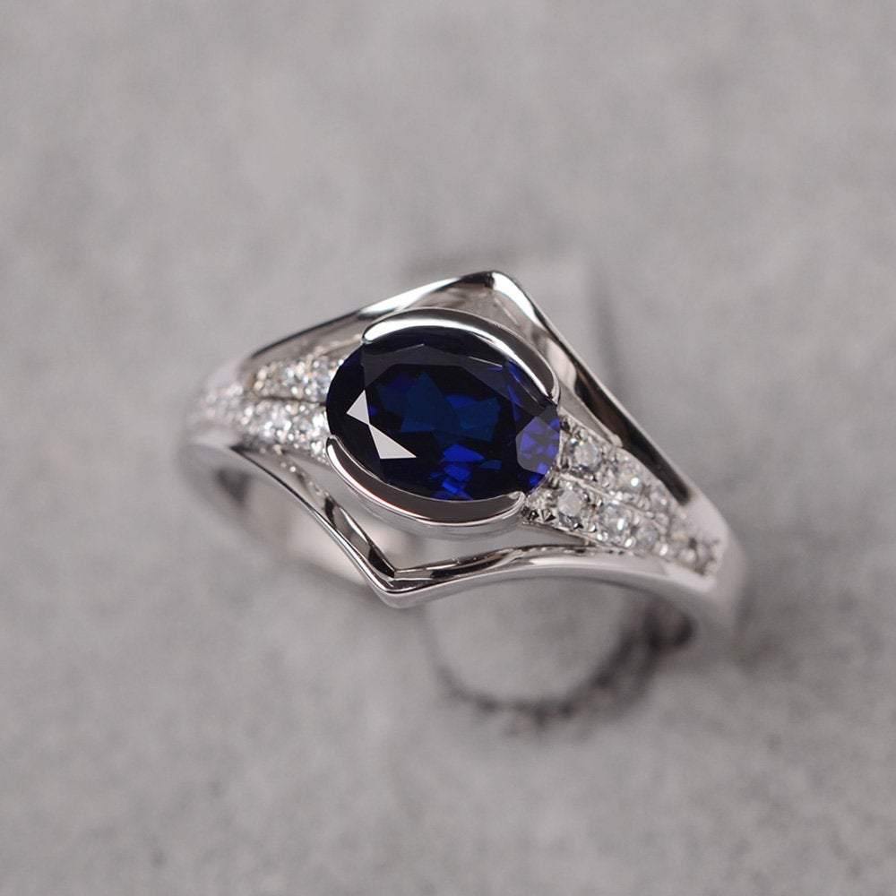 Oval Lab Sapphire Ring East West Bezel Set Ting - LUO Jewelry