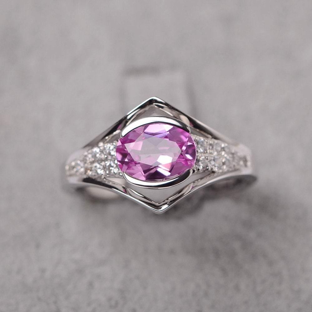 Oval Pink Sapphire Ring East West Bezel Set Ting - LUO Jewelry