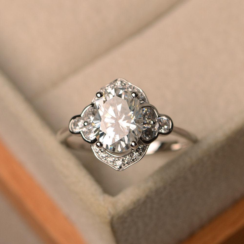 Oval Moissanite Halo Engagement Art Deco Ring - LUO Jewelry