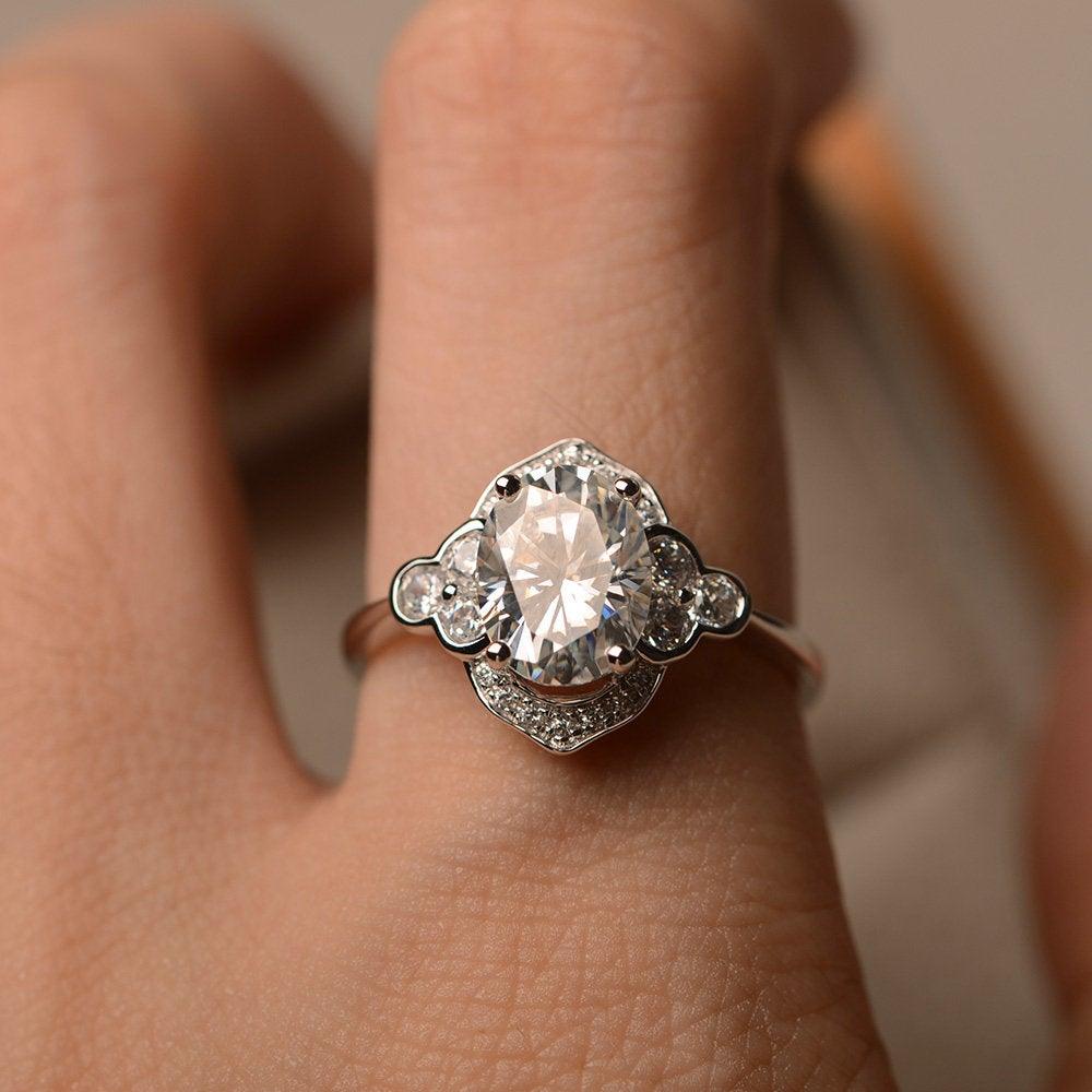 Oval Moissanite Halo Engagement Art Deco Ring - LUO Jewelry