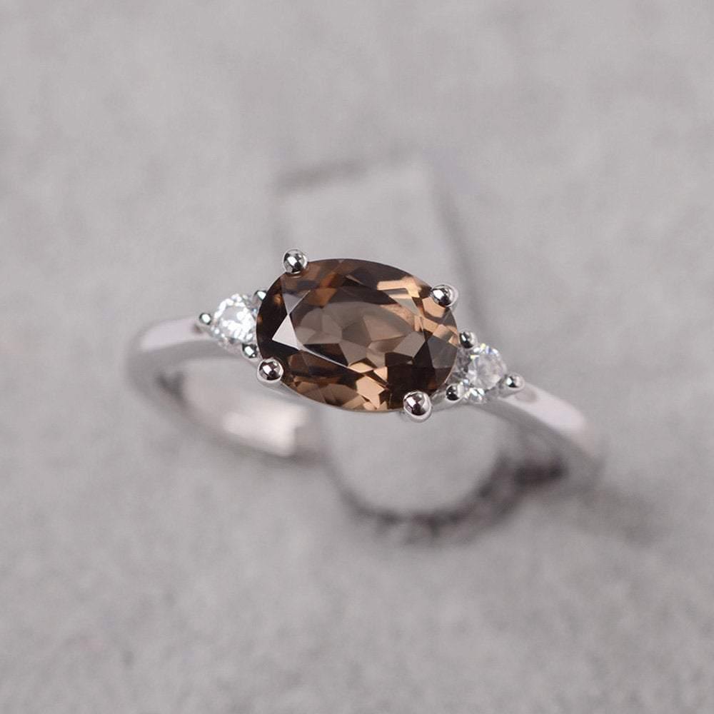 Oval Cut East West Smoky Quartz  Engagement Ring - LUO Jewelry