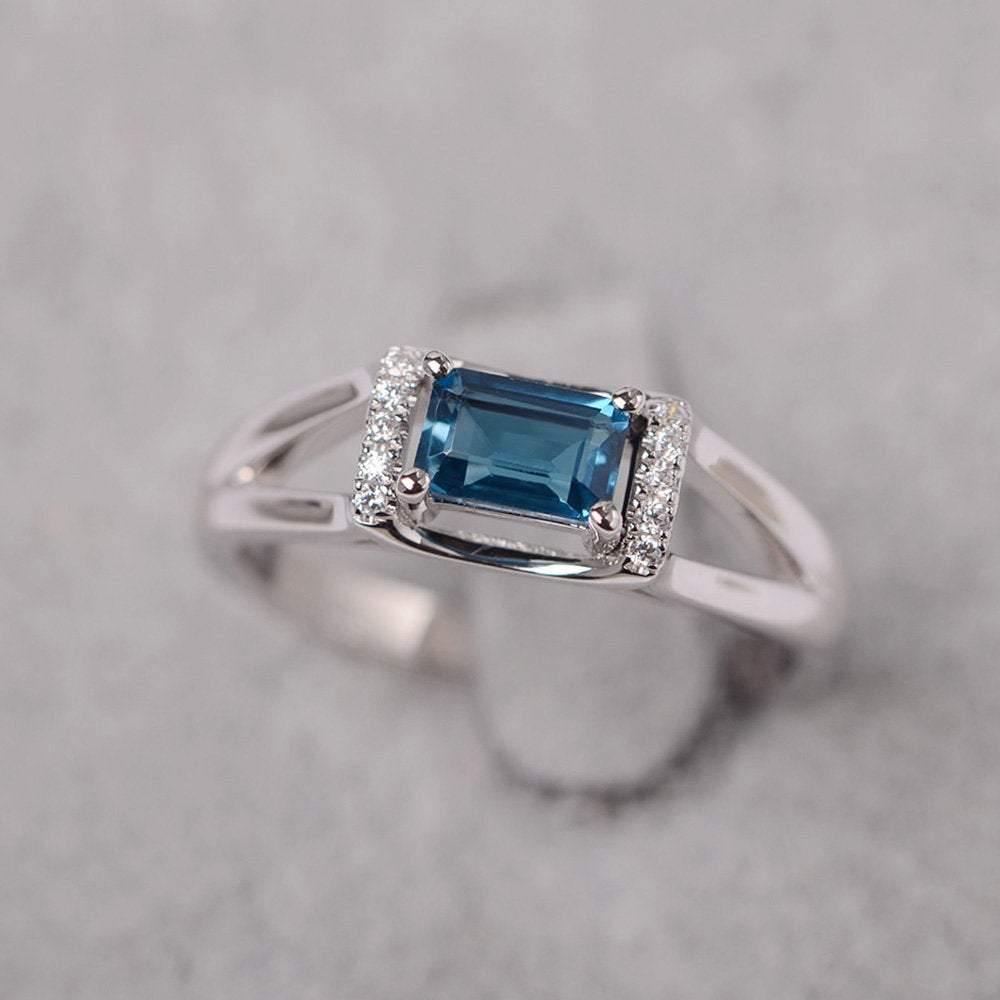 Horizontal Emerald Cut London Blue Topaz Ring Gold - LUO Jewelry