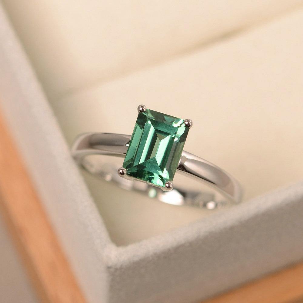 Emerald Cut Green Sapphire Solitaire Engagement Ring - LUO Jewelry