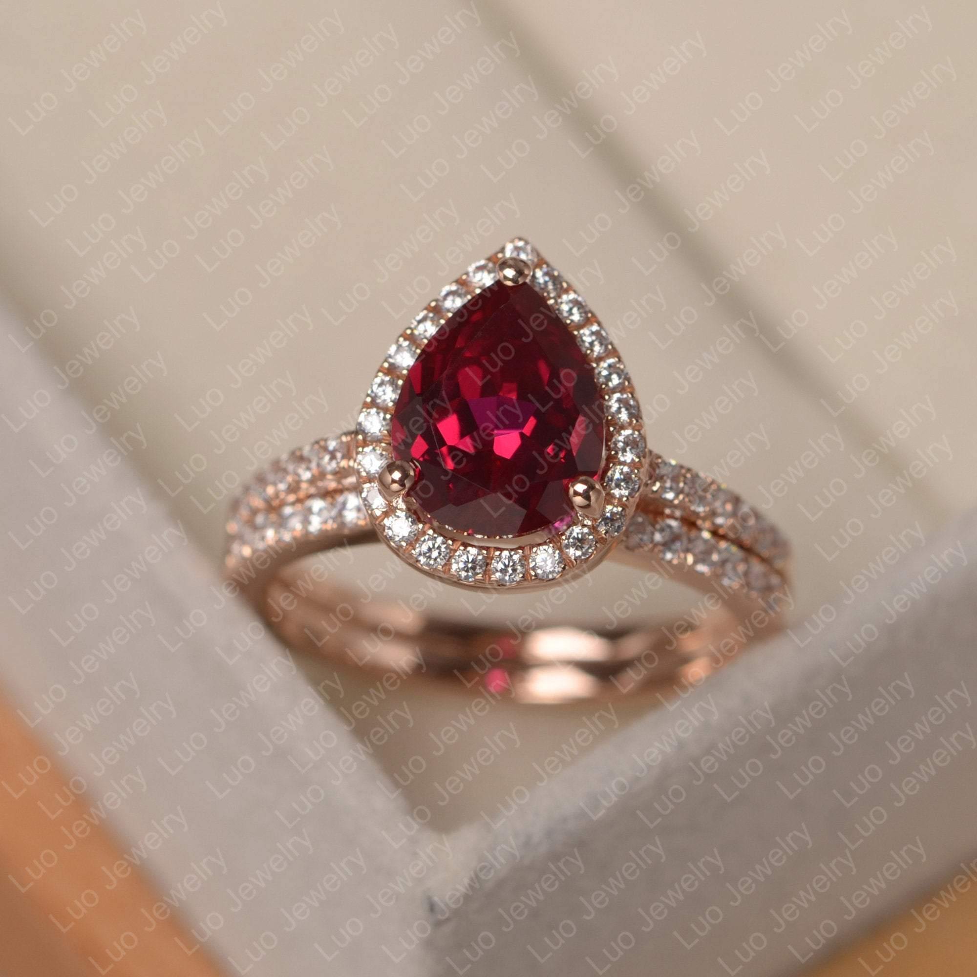 Pear Cut Ruby Bridal Set Engagement Ring - LUO Jewelry