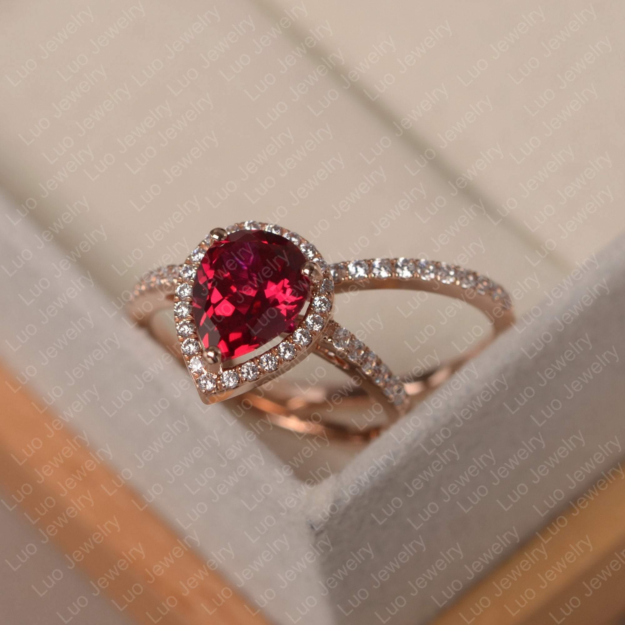 Pear Cut Ruby Bridal Set Engagement Ring - LUO Jewelry