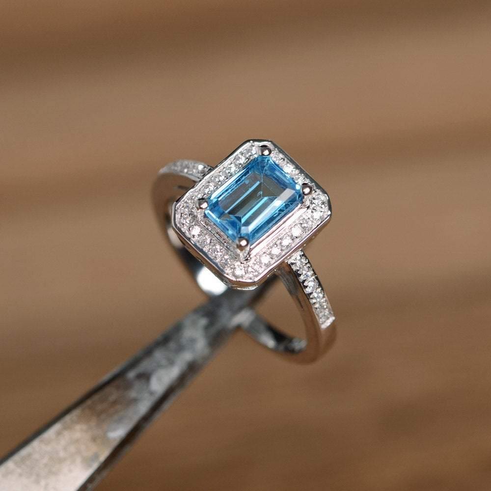 Emerald Cut Swiss Blue Topaz Halo Engagement Ring - LUO Jewelry