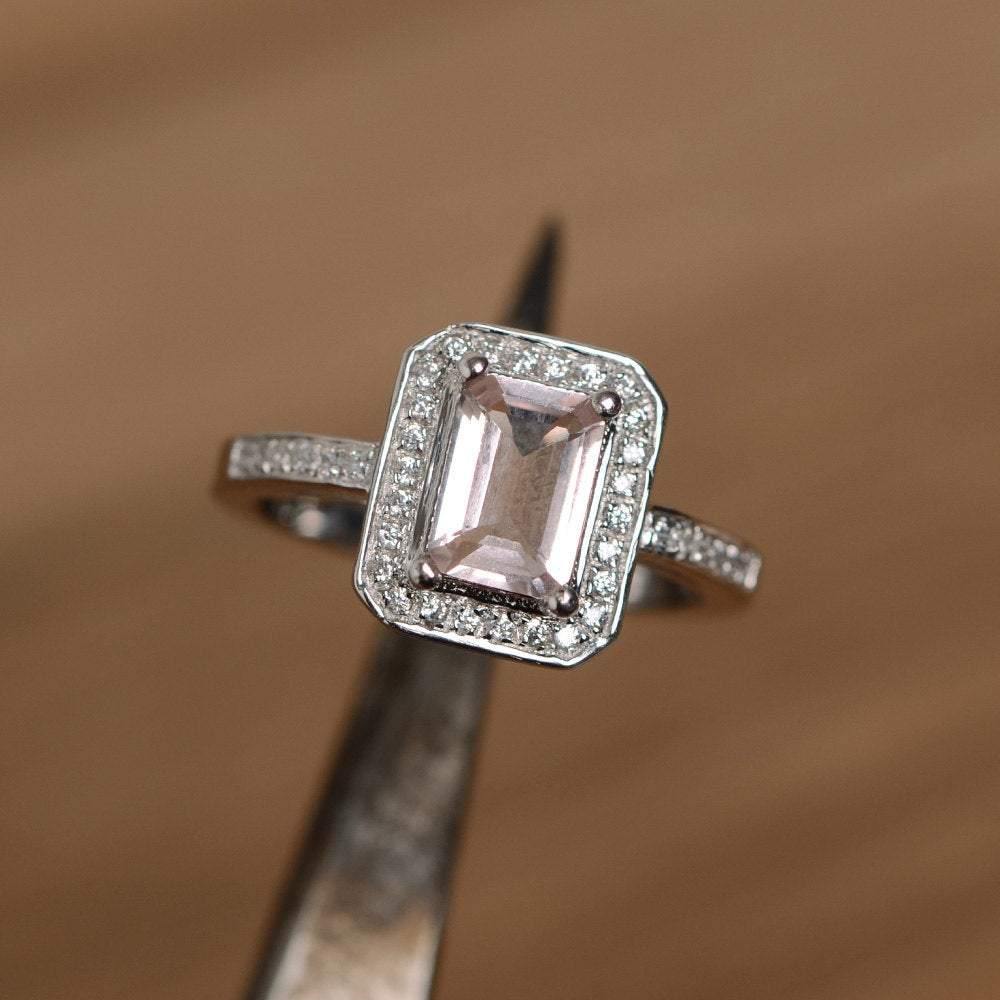 Emerald Cut Morganite Halo Engagement Ring - LUO Jewelry