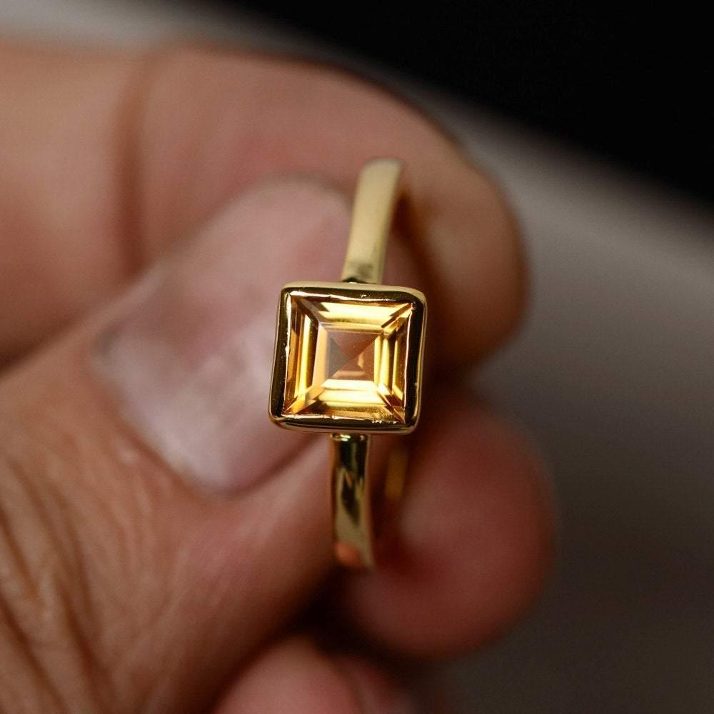 Square Cut Citrine Bezel Set Solitaire Ring - LUO Jewelry