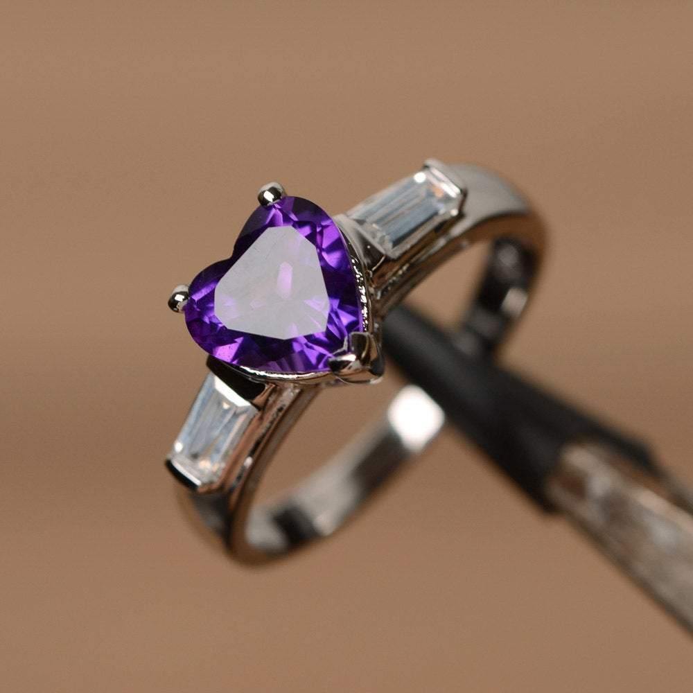 Heart Shaped Amethyst Ring With Baguette - LUO Jewelry