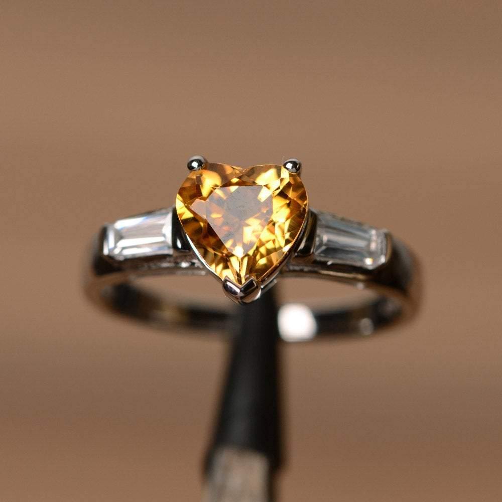 Heart Shaped Citrine Ring With Baguette - LUO Jewelry
