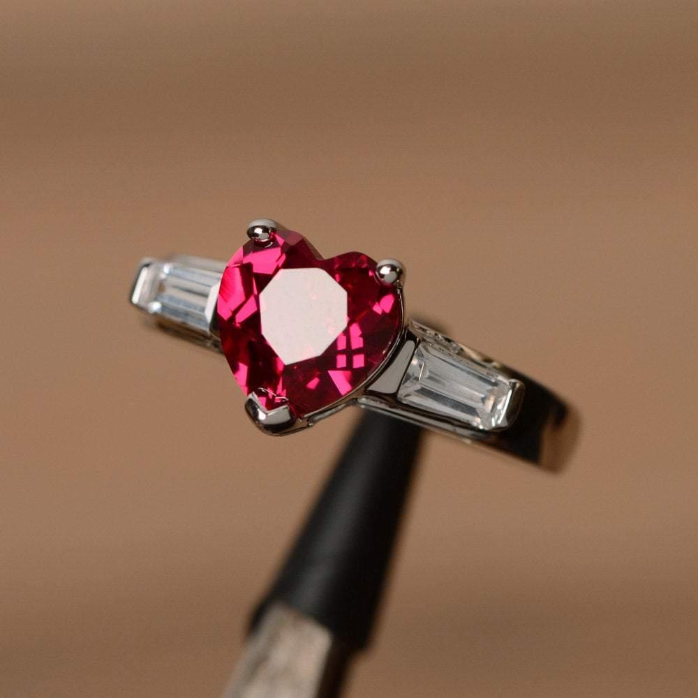 Heart Shaped Ruby Ring With Baguette - LUO Jewelry