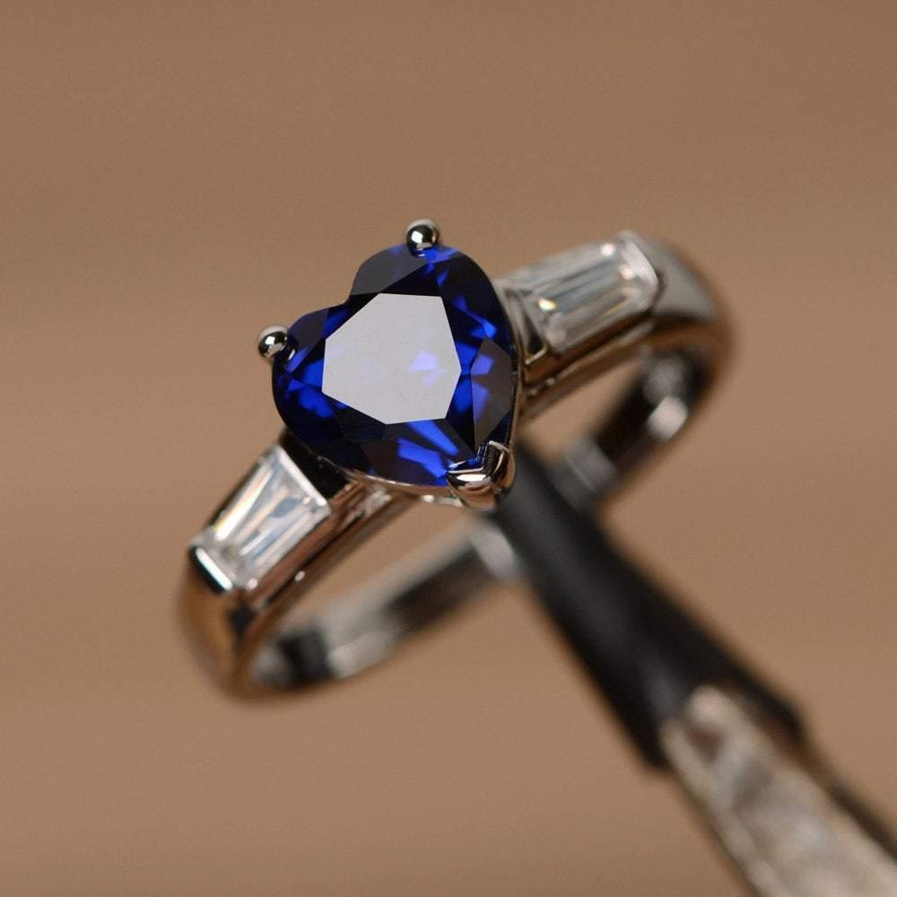 Heart Shaped Lab Sapphire Ring With Baguette - LUO Jewelry