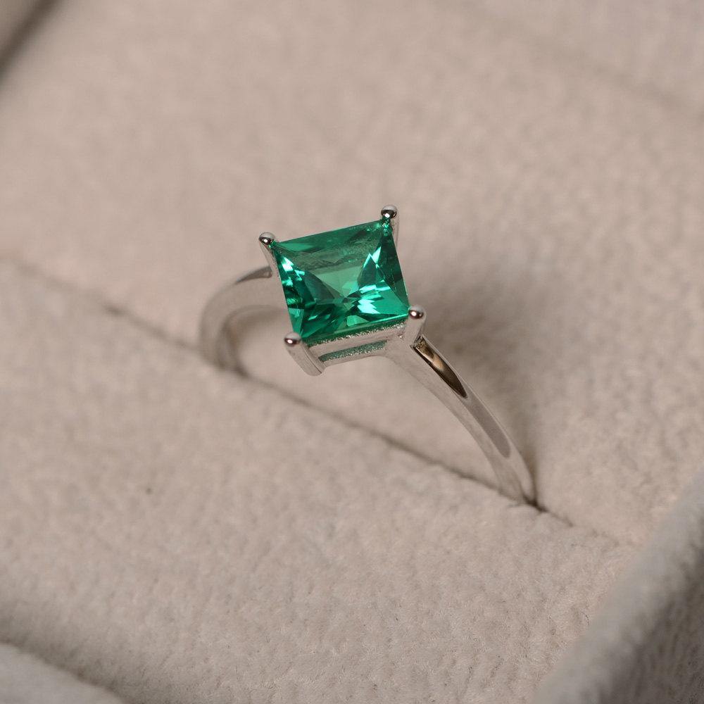 Princess Lab Emerald Solitaire Engagement Ring - LUO Jewelry