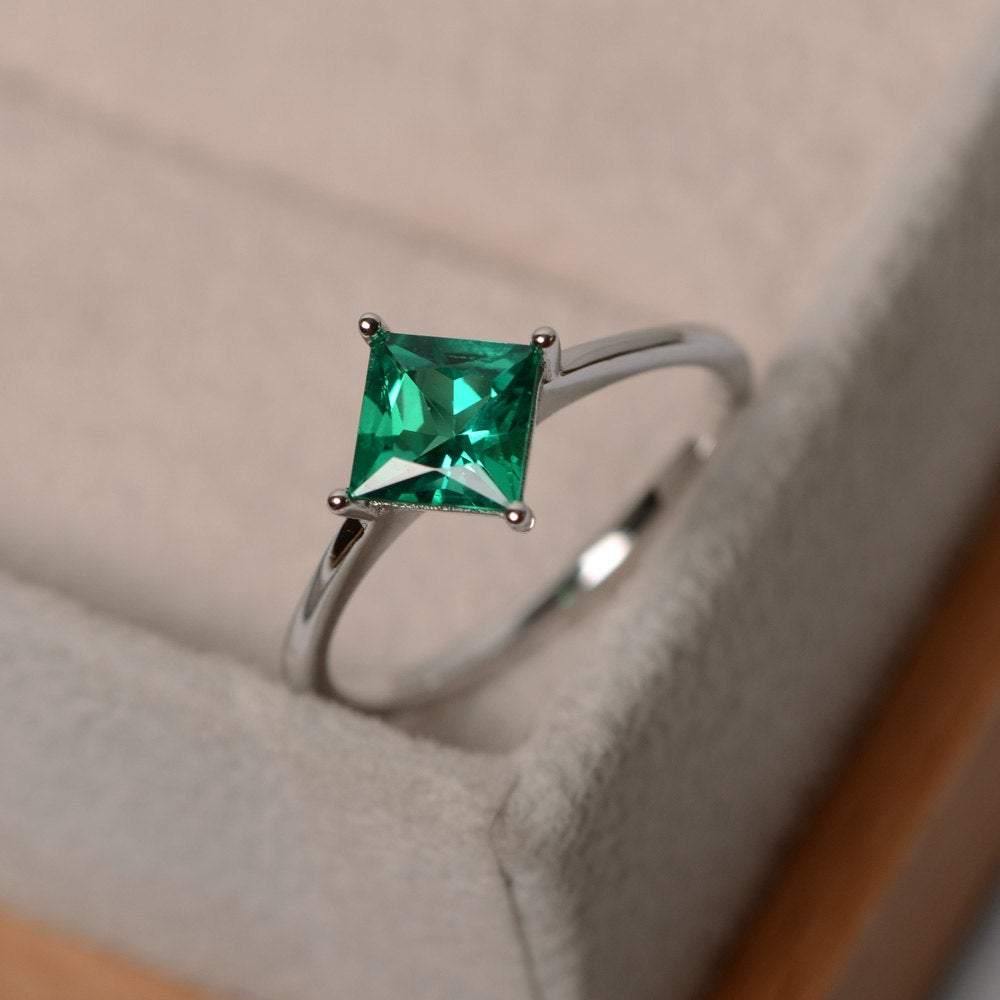 Princess Lab Emerald Solitaire Engagement Ring - LUO Jewelry