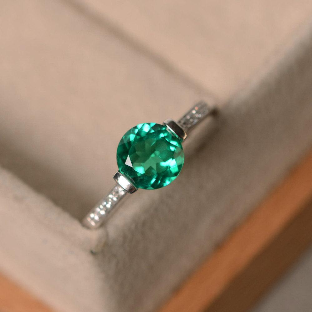 Round Brilliant Cut Lab Emerald Ring White Gold - LUO Jewelry