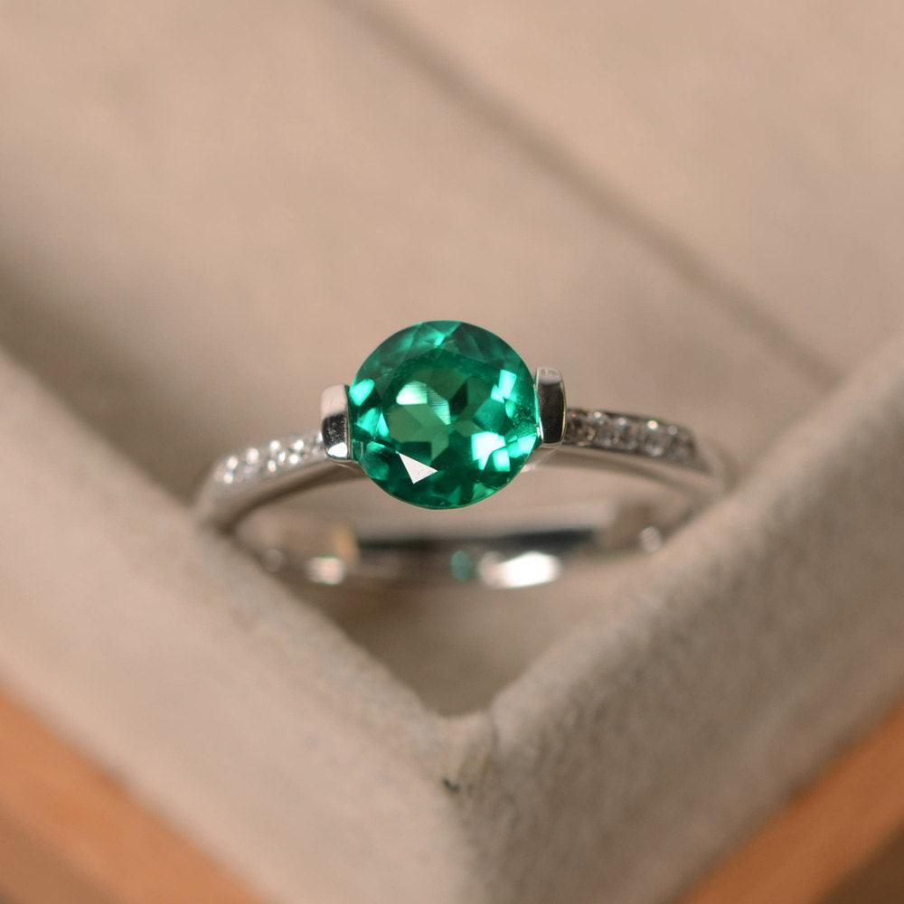 Round Brilliant Cut Lab Emerald Ring White Gold - LUO Jewelry