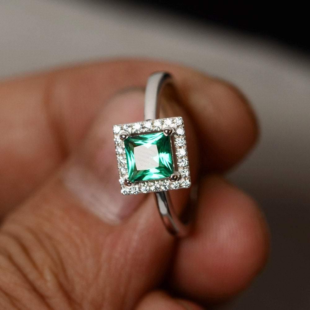 Lab Emerald Halo Engagement Ring Princess Cut - LUO Jewelry